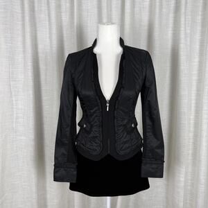 White House Black Market Jacket Womens 00 Black Ruffle Trim Zip Front Fitted